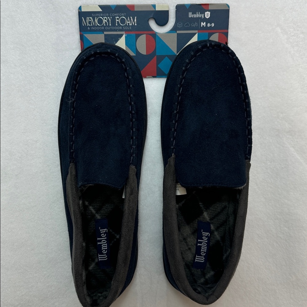 NWT Wembley Blue Suede Men's Moccasin Slippers Size M 8-9